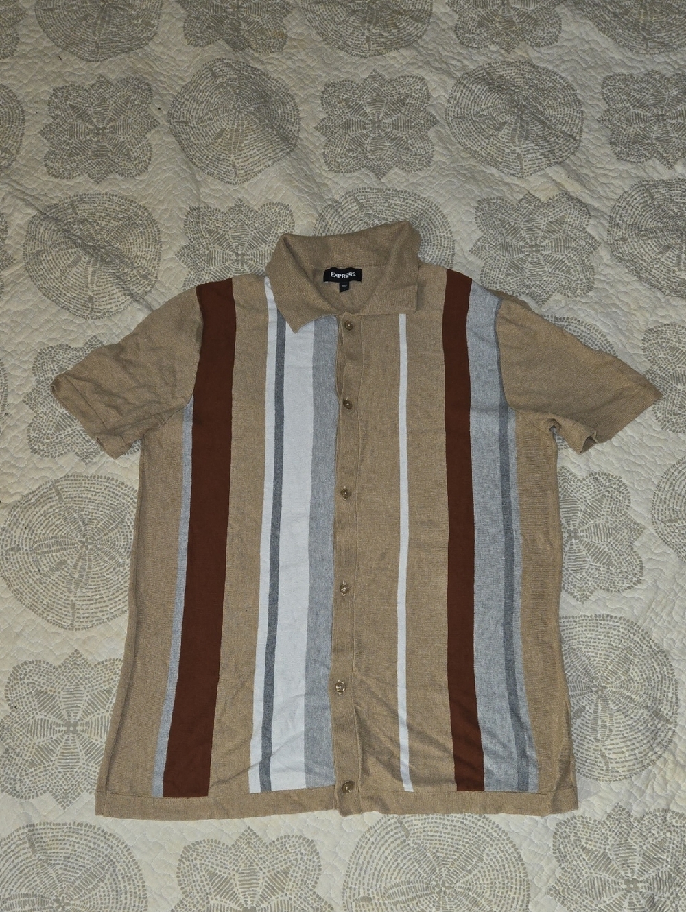 Express Men’s Button-Down Short Sleeve Shirt - Tan, Brown & Gray Stripes
